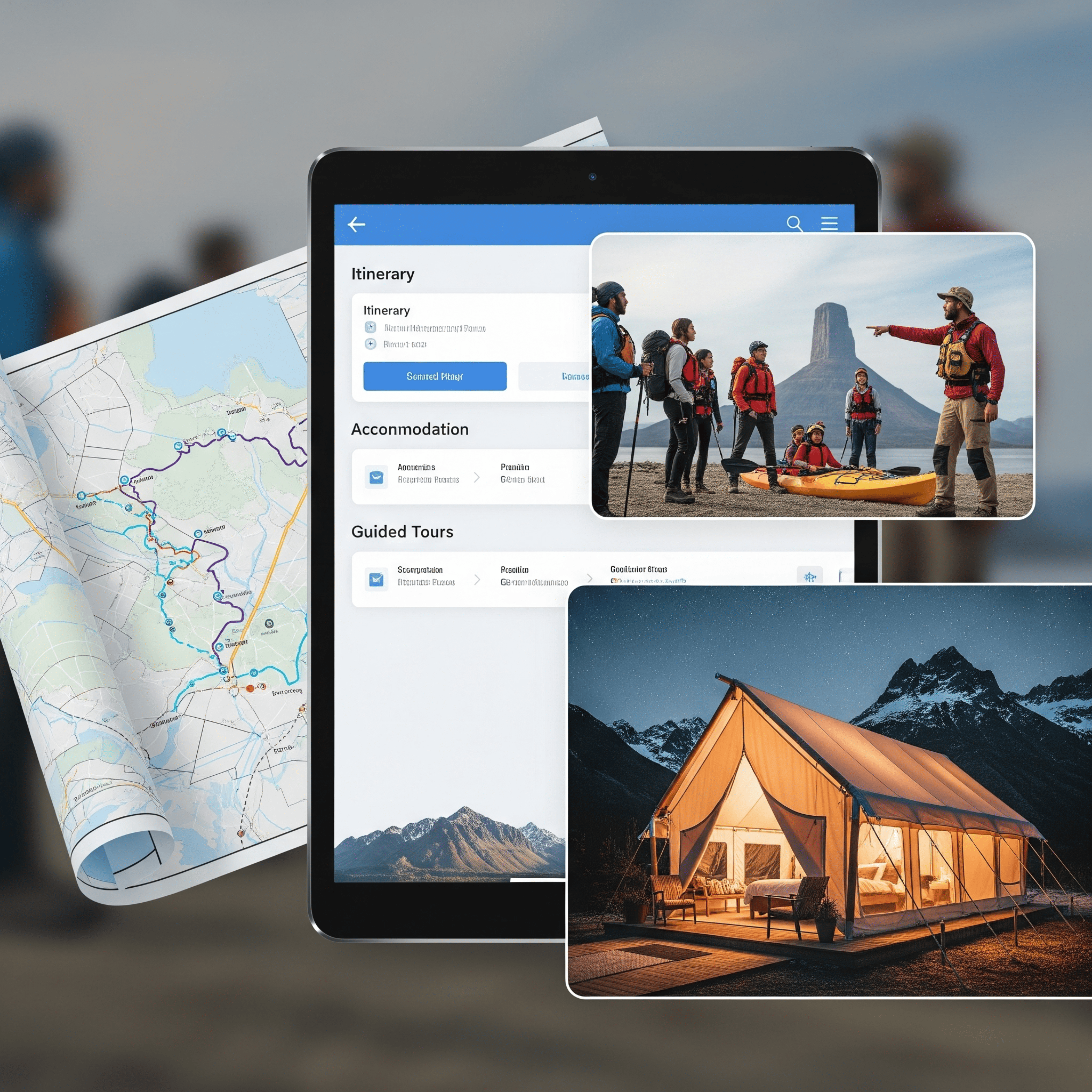 Travel gear including a map, camera, and backpack